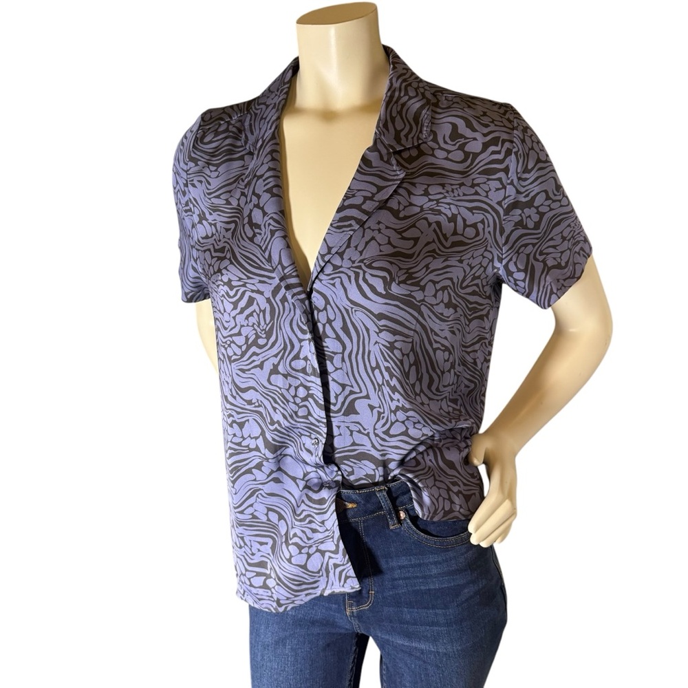 JOHNNY WAS Calme Silk Blend Wavy Print Black Blue Button Down Blouse Women’s S - Picture 2 of 10